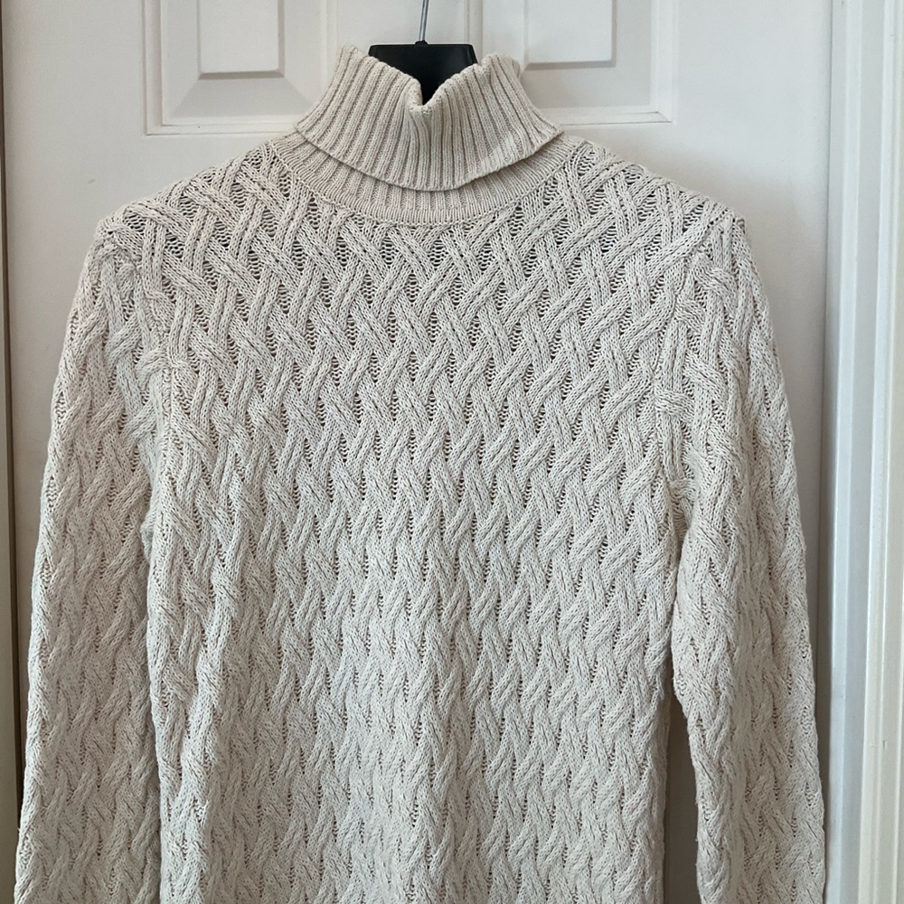 Jeanne Pierre 100% cotton cable-knit turtleneck tunic sweater, ivory, Sz L - Picture 2 of 11